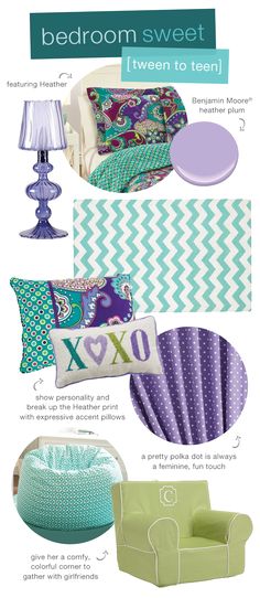 an advertisement for the bedroom sweet, featuring green and blue furniture with purple accessories on them