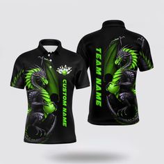 the front and back of a black shirt with green dragon on it, which reads team name