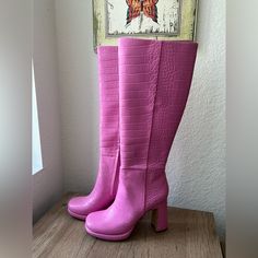 Knee High Boots Circus By Sam Edelman Color- Pink Size- 6.5 Print- Croc-Embossed Never Worn Pink Round Toe Heeled Boots For Winter, Synthetic Boots With Textured Sole And Round Toe, Pink Round Toe Heeled Boots For Fall, Pink Round Toe Heels For Fall, Fall Pink Round Toe Heels, Pink Platform Heeled Boots, Pink Ankle-high Leather Platform Boots, Pink Leather Ankle-high Platform Boots, Spring Platform Boots With Reinforced Almond Toe