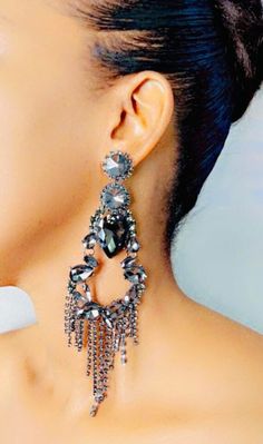 Elegant Black ChandelierFashion Earrings, Luxury Statement Oversized Big Pageant Earring. Pageant Earrings, Long Statement Earrings, Classy Earrings, Earrings Luxury, Crystal Bridal Earrings, Black Earrings Dangle, Bridal Diamond Jewellery, Wedding Earrings Drop, Black Bridal