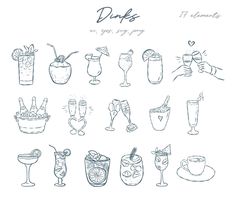 a bunch of drinks that are drawn on paper