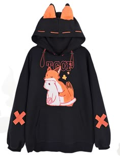 Inspired by the beloved characters Hua Cheng and Xie Lian from "Heaven Official's Blessing," this hoodie is a must-have for any fan. Featuring plush fox ears on the hood and intricate cross designs on the sleeves, this piece stands out with its unique and adorable details. The hoodie is adorned with plush fox and mink patterns, adding an extra touch of kawaii charm. Please note that the price includes one hoodie only.  Price includes one hoodie only.   	 		 			Size 			S 			M 			L 			XL Fox Embroidery, Fox Ears, Loose Hoodie, Kawaii Dress, New Instagram, Kawaii Fashion, Keep Warm, Black Hoodie, Season Spring