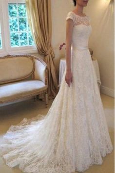 Cap Sleeve Lace Long With Court Train Ivory Beach Wedding Dress - Wedding Dresses Short Sleeve Bridal Gown, Court Train Wedding Dress, Train Dress, Short Sleeve Wedding Dress, Wedding Dress Cap Sleeves, Wedding Dress Belt, Wedding Dress Train, Bridal Party Dresses, Lace Wedding Dresses