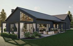 this is a rendering of a modern house in the country side with an open floor plan and covered porch