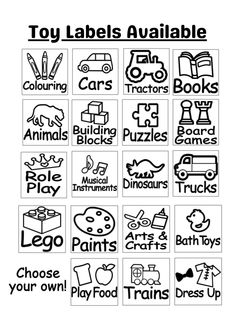 the printable toy labels available for children's toys are shown in black and white