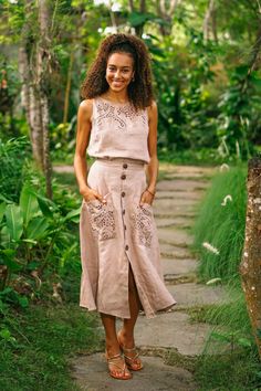 Hand Embroidered Knee-Length Skirt - Juicy Fruit in Natural | NOVICA Bohemian Linen Maxi Skirt For Beach, Bohemian Beige Linen Skirt, Beige Linen Bohemian Skirt, Hand Embroidered Skirt, Rayon Blouse, Juicy Fruit, Embroidered Linen, Embroidered Skirt, Linen Skirt