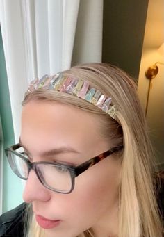 👑 This beautiful Crystal headband features multicolored Aura Quartz Crystal Points. The crystals are  wrapped with silver plated wire onto a silver metal frame headband. * Headband is one-size-fits-all for adults. It is very comfortable to wear and it does not pinch behind the ears. * The silver plated copper wire is lead and nickel free. * Metal frame headband is lead & nickel free.  * Electroplated, dyed genuine Quartz Crystal points  * Flexible universal-fit headband * Approximately 6" wide, Color Aura, Quartz Crown, Headband Crystal, Crown Crystal, Aura Quartz Crystal, Bridesmaid Hair Accessories, Crystal Headband, Hair Jewelry Wedding, Aura Quartz