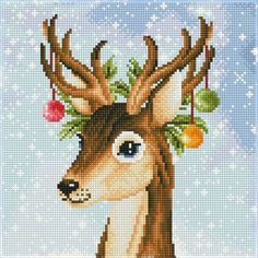 a cross stitch deer with christmas decorations on its head