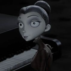 an animated character standing in front of a piano and looking at the camera with eyes wide open