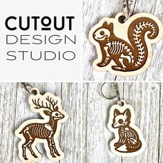 the wooden keychain has an image of a deer on it and is made out of wood