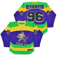 Combine your love of sports, streetwear and nostalgia by copping the Charlie Conway Ducks #96 Hockey Jersey. This bold jersey features contrast panelling and striping all throughout and embroidered team logos on the sleeves and front and centre. Don't sleep on this iconic hockey jersey, available now at Jersey Nation while stock lasts! - Charlie Conway Ducks #96 Hockey Jersey- Fully embroidered graphics: Team, Name, Number detailing, Logo- Heavyweight fabric- Long sleeves- Premium tackle twill s Throwback Team Jersey For Sports Season, Three Stripes Jersey For Streetwear, Throwback Team Logo Jersey For Sports Season, Three Stripes Jersey For Sports Season Streetwear, Three-stripes Jersey For Sports Season Streetwear, Streetwear Jersey With Three Stripes For Sports, Throwback Jersey With Team Logo, Throwback Streetwear Jersey For Sports Season, Sports Streetwear