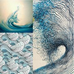 three different pictures with waves and water in them, one is blue and the other has white