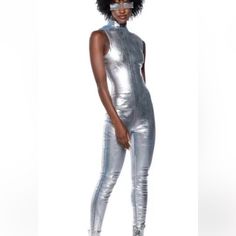 Bodysuit Color. Silver Brand New Brand New Metallic Fitted Sleeveless Bodysuit, Metallic Sleeveless Fitted Bodysuit, Metallic Fitted Sleeveless Jumpsuits And Rompers, Foil Denim, Sequin Bra Top, Metallic Jumpsuit, Tube Romper, Metallic Jumpsuits, Metallic Mini Dresses