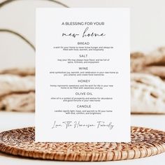 a menu card is placed on a wicker plate