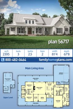 two story house plan with 3 car garage and living area on the first floor,