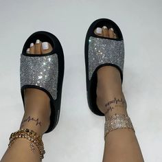 luxury rhinestone bling shiny sandals Round Shoes, Luxury Slides, Fashion Slides, Perfect Posture, Diamond Face, Soft Slippers, Rhinestone Shoes, Beach Slippers, Daily Living