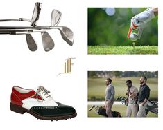 two men standing next to each other in front of golf clubs and shoes with the words if