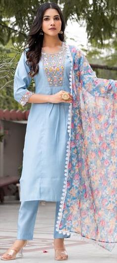 Blue color Salwar Kameez in Blended fabric with Embroidered, Thread work Blue Lawn Suit For Spring Festivals, Blue Lawn Suit For Festive Spring Occasion, Blue Lawn Suit For Spring Festivities, Spring Embroidered Blue Anarkali Set, Spring Blue Salwar Kameez With Chikankari Embroidery, Blue Salwar Kameez With Chikankari Embroidery For Spring, Blue Chikankari Embroidery Salwar Kameez For Spring, Blue Semi-stitched Lawn Suit With Floral Embroidery, Designer Blue Salwar Kameez For Spring