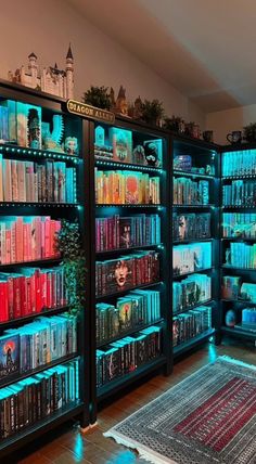 a room filled with lots of books on top of wooden shelves next to a rug