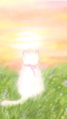 a painting of a white cat sitting in the grass looking out to the sky at sunset