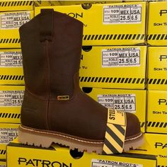 Men's Work Boots Patron Industrial Work Safety Boots. Brand: Patron Work Boots Brown Tan Bottom Steel Toe Genuine Leather Removable Inserts For Maximum Comfort Super Durable Soles Made In Mexico Not China New With Box Goodyear Welt Construction Round Toe Water Resistant Light Water Use Only Oil Resistant Pull On Boots Are Very Comfortable!!!! Sizes From 6 To 12 Boots Are In Stock Ready To Ship. We Ship Fast. These Boots Are The Real Deal.... Made In Mexico With Full Grain Leather. Slip-resistant Brown Leather Work Boots, Brown Western Style Slip-resistant Work Boots, Brown Slip-resistant Leather Work Boots, Brown Safety Work Boots With Goodyear Welt, Brown Work Boots With Goodyear Welt Construction For Safety, Brown Work Boots With Goodyear Welt For Safety, Leather Work Boots For Construction With Snip Toe, Brown Waterproof Boots With Goodyear Welt For Construction, Leather Work Boots For Construction With Round Toe