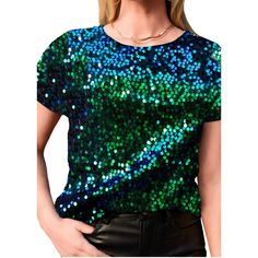 Elevate your style with the Anna-Kaci Glitter Sequin Tops, a dazzling blend of glamour and comfort. Crafted from lightweight 100% polyester fabric with a hint of stretch, this short-sleeve sparkly binding shirt blouse features an all-over sequin design and a soft full lining for lasting comfort. The durably stitched sequins ensure longevity, making it an ideal choice for various occasions. Stand out from the crowd with this glittering tunic top, perfect for parties, concerts, or any dressy event Sparkly Sequin Top, Sequin Embellished Top, Glitter Shirt, Tops Short Sleeve, Sequin Design, Green Sequins, Embellished Top, Sequin Top, Short Sleeve Blouse