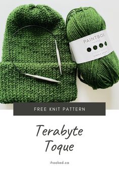 a green knitted hat next to a pair of scissors and yarn with the text free knitting pattern terrabyte toque