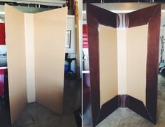 two different images of a room divider in the process of being painted white and brown