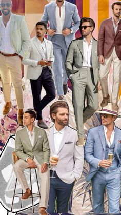 a collage of men in suits and ties, with one man holding a drink