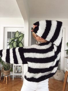 Hand Knitted Fluffy Mohair Sweater Stripe Wool Sweater Bridal | Etsy Black And White Striped Knit Sweater, Black And White Knitted Sweater, White Hand Knitted Acrylic Sweater, White Hand-knitted Acrylic Sweater, Oversized Cozy Acrylic Cropped Sweater, Oversized White Acrylic Sweater, Cozy Oversized Acrylic Knitting Pattern, Oversized Cozy Acrylic Knitting Pattern, Cozy Black Mohair Sweater