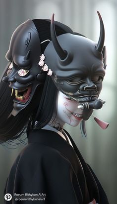 a woman with black hair and demon masks on her head