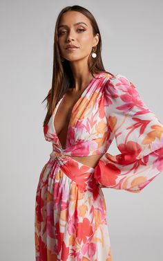 Emilee Maxi Dress - Side Cut Out Long Sleeve Plunge Dress in Pink Floral | Showpo USA Tropical Theme Dress, Tropical Wedding Guest Outfit, Tropical Wedding Outfit, Summer Wedding Outfit Guest Formal, Pink Floral Long Dress, Tropical Party Outfit, Boho Formal Dress, Satin Dress Outfit, Painterly Florals