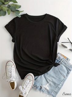 Eromis - Essential Womens Solid Crew Neck Short Sleeve T-shirt: Stylish and Versatile Casual Wear Black Solid Color T-shirt For Summer, Black T-shirt For Summer, Black Solid Crew Neck T-shirt, Basic T Shirt, Neck Collar, White Collar, Polyester Material, Collar Style, Style Casual