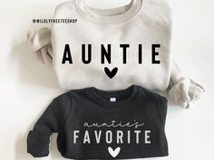 Our matching Auntie and Aunties Favorite sweatshirts are the perfect addition to your and your nieces'/nephews' wardrobe! These adorable sweaters also make the perfect for gift any Aunt including new Aunts or any aunt to be! We also offer additional family member shirts as well so be sure to check them out. If you have any questions please feel free to reach out anytime and we are happy to help you. **PLEASE NOTE: THIS IS NOT A SET - SHIRTS MUST BE PURCHASED SEPARATELY IN ORDER TO RECEIVE BOTH A Auntie Shirts For Nieces, Auntie And Niece Shirts, Aunt Shirts For Adults, Aunt Niece Shirts, Auntie Outfits, Aunt And Niece Shirts, Aunt Baby Clothes, Aunt Nephew, Aunt To Be