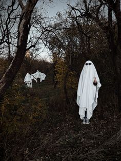 a person dressed as a ghost standing in the woods