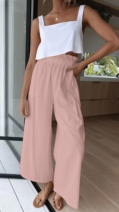 Relax Outfit, Celana Fashion, Linen Wide Leg Pants, Style Wide Leg Pants, Linen Pattern, High Waist Wide Leg Pants, Trendy Streetwear, Basic Fit