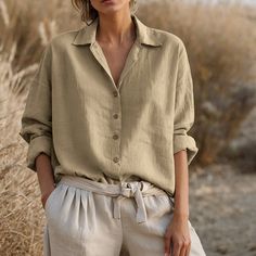 Our Sustainable Loose Linen Shirt is a versatile wardrobe staple designed for comfort, style, and sustainability. Crafted from a blend of linen and cotton, this button-up shirt offers a luxurious feel while ensuring breathability and durability. Whether you're lounging on the beach, exploring new destinations on vacation, or simply relaxing at home, this oversized linen top is the perfect choice.  It is a super soft blouse, loose, lightweight, breathable, and skin-friendly, making it perfect for Casual Beige Tops With Roll-up Sleeves, Summer Blouse With Roll-up Sleeves, Summer Long Sleeve Blouse With Roll-up Sleeves, Bohemian Long Sleeve Solid Tops, Solid Long Sleeve Bohemian Top, Solid Bohemian Long Sleeve Top, Casual Collar Blouse For Work, Solid Bohemian Linen Tops, Beige Casual Collar Top For Spring