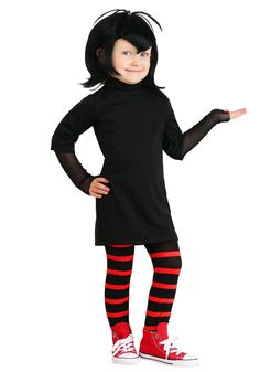 This is a Hotel Transylvania Toddler Mavis Costume. Mavis Costume Hotel Transylvania, Mavis Costume, Hotel Transylvania Mavis, Red Sequin Shoes, Hotel Transylvania Costume, Mavis Hotel Transylvania, Red Tights, Halloween Adventure, Striped Tights