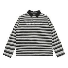 Retro Movement Striped Long Sleeve T-shirt - h0neybear Casual Collared T-shirt With Contrast Stripes, Collared Tops With Vertical Stripes For Fall, Retro Graphic Print Polo Collar Tops, Black Collared Tops With Contrast Stripes, Retro Long Sleeve Tops With Ribbed Collar, Retro Long Sleeve Top With Ribbed Collar, Casual Horizontal Stripe Polo Collar Top, Casual Polo Collar Top With Horizontal Stripes, Cotton T-shirt With Striped Collar