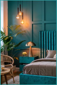 Modern bedroom with teal walls and decor, featuring a velvet headboard, hanging lights, and houseplants. Peacock Teal Bedroom, Curtains For Teal Walls, Teal Room Aesthetic, Teal Color Palette Bedroom, Teal Room Ideas, Teal Interior Design, Turquoise Bedroom Walls