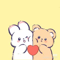 two teddy bears holding a heart on a yellow background