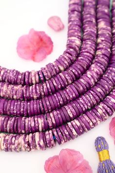 12mm Heishi Purple & White Speckled Bone Beads: Disc Spacers, 85 beads Purple Heishi Bead Jewelry With Colorful Beads, Purple Heishi Beads Round Bracelets, Purple Heishi Beads Bracelet With Spacer Beads, Purple Heishi Beaded Bracelets, Handmade Heishi Oval Beads, Handmade Oval Heishi Beads, Handmade Purple Heishi Beads Jewelry, Bohemian Purple Beaded Bracelets With Letter Beads, Bohemian Purple Beads For Beach