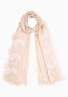 Woven from a fine silk and wool blend, this beige scarf features a bold scalloped edging in a double colour lace border created from a combination of a contrasting ivory and tonal beige colour. A very fashionable and contemporary addition to any day or evening wear all year-round. Cream Lace Work Dupatta, Cream Lace Dupatta With Lace Work, Elegant Beige Scalloped Lace, Elegant Beige Dupatta For Spring, Elegant Shawl Scarf With Lace Trim, Elegant Lace Trim Shawl Scarf, Cream Lace Dupatta, Elegant Cream Dupatta With Lace Work, Elegant Beige Dupatta With Lace Work