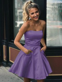 A-line satin ruffled edge strapless sleeveless short Homecoming Dress Evening Dresses Cocktail, Short Homecoming Dress, Junior Bridesmaid Dresses, Junior Bridesmaid, Steel Grey, Junior Dresses, Homecoming Dress, Tahiti, Flower Dresses