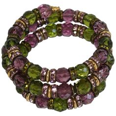 Green and purple faceted glass beads surrounded by Swarovski crystal and gold beads in this memory wire bracelet from Francoise Montague. Green Bracelet Ideas, Memory Bracelets, Memory Wire Jewelry, Chalcedony Bracelet, Memory Wire Wrap Bracelets, Beaded Memory Wire Bracelets, Beaded Memory Wire, Embroidery Bracelets, Arm Cuffs