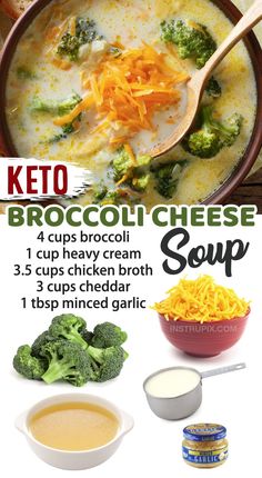 broccoli cheese soup recipe in a bowl, with ingredients to make it easy and delicious