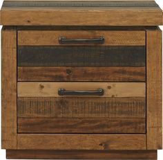 a wooden chest with three drawers and metal handles