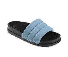 A comfortable sandal that you can wear to the pool or the park. The Lazro by Journee Collection is a sporty slide with a 4 mm Tru Comfort Foam™ insole made for comfort and ease. Puffed straps add a nostalgic touch to the design. Man-made puff upper with ribbed detail, Slide on style for easy entry, Approx. 1.5\ sole, Open / round toe, Tru Comfort Foam™ formed footbed, Man-made treaded outsole for added traction | Women's Journee Collection Lazro Sandals in Blue Size 8 Comfortable Foam Slide Sandals, Comfortable Foam Sandals With Branded Insole, Spring Slides With Cushioned Footbed For Pool, Comfortable Sport Sandals With Gel Cushioning For Spring, Cushioned Slides For Spring Pool Season, Cushioned Slides For Pool And Spring Season, Cushioned Slides For Pool And Spring, Casual Sandals With Textured Foam Footbed, Casual Foam Slide Sandals