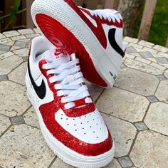 Questions? Leave A Comment Below! Bling Air Force 1, Alabama Shoes, Red Nike Air Force, Red Bottoms Shoes, Nike Shoes Custom, Nike Shox Turbo, Bedazzled Shoes, Air Force 1 Sneakers, Red Bottom Shoes