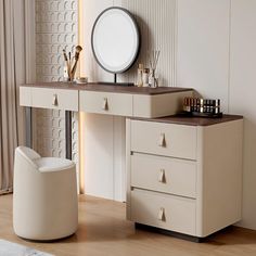 a dressing table with mirror, stool and other items on it next to a window